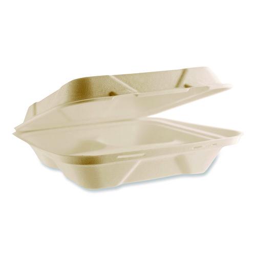 Image of Vegware VW-HC93NFA Nourish Molded Fiber Takeout Containers, Compostable, 3 Compartments, 9 x 9 x 3, White, Sugarcane, 200/Carton