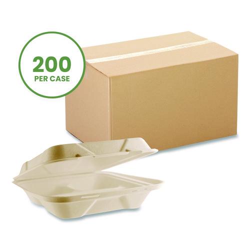 Image of Vegware VW-HC93NFA Nourish Molded Fiber Takeout Containers, Compostable, 3 Compartments, 9 x 9 x 3, White, Sugarcane, 200/Carton