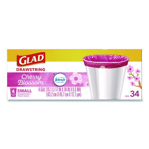 Image of Glad® 79274 OdorShield Small Drawstring Trash Bags, 4 gal, Cherry Blossom Scent, 0.5 mil, 18" x 17", Pink, 34/Box
