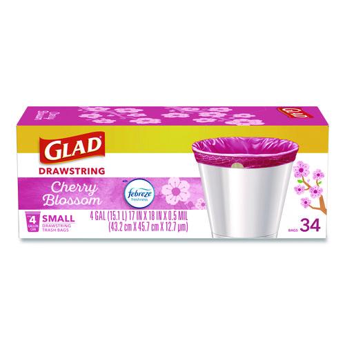 Image of Glad® 79274 OdorShield Small Drawstring Trash Bags, 4 gal, Cherry Blossom Scent, 0.5 mil, 18" x 17", Pink, 34/Box