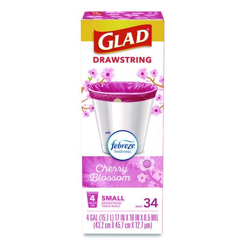 Image of Glad® 79274 OdorShield Small Drawstring Trash Bags, 4 gal, Cherry Blossom Scent, 0.5 mil, 18" x 17", Pink, 34/Box