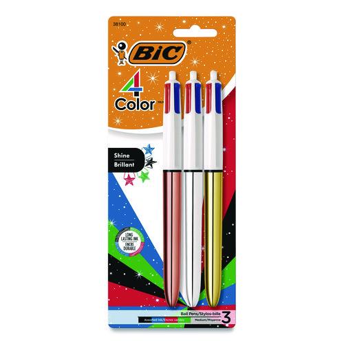 Image of BIC® MMMTP31-AST 4-Color Shine Multi-Color Ballpoint Pen, Retractable, Medium 1mm, Black/Blue/Green/Red Ink, Assorted Metallic Barrels, 3/Pack