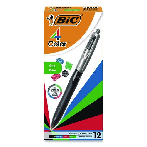 Image of BIC® MMPG11-AST 4-Color Pro Grip Multi-Color Ballpoint Pen, Retractable, Medium 1 mm, Black/Blue/Green/Red Ink, Black/Gray Barrel, Dozen