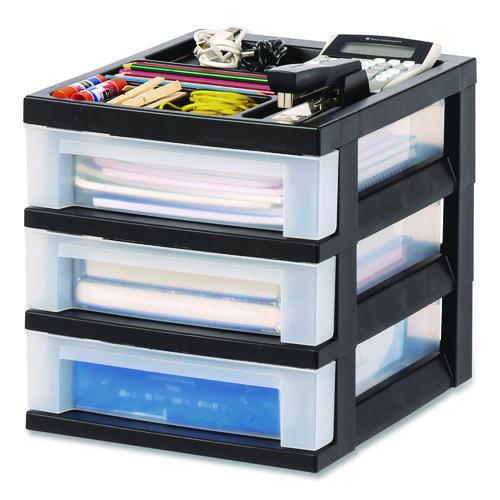 Image of IRIS 116351 3-Drawer Desktop Storage with Top Organizer Tray, Plastic, 12.17 x 14.33 x 12.93, Black/Translucent