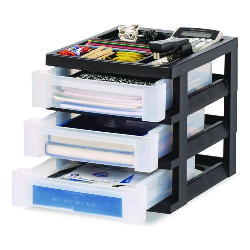 Image of IRIS 116351 3-Drawer Desktop Storage with Top Organizer Tray, Plastic, 12.17 x 14.33 x 12.93, Black/Translucent
