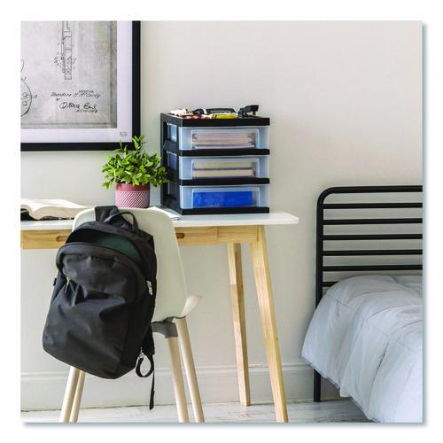 Image of IRIS 116351 3-Drawer Desktop Storage with Top Organizer Tray, Plastic, 12.17 x 14.33 x 12.93, Black/Translucent