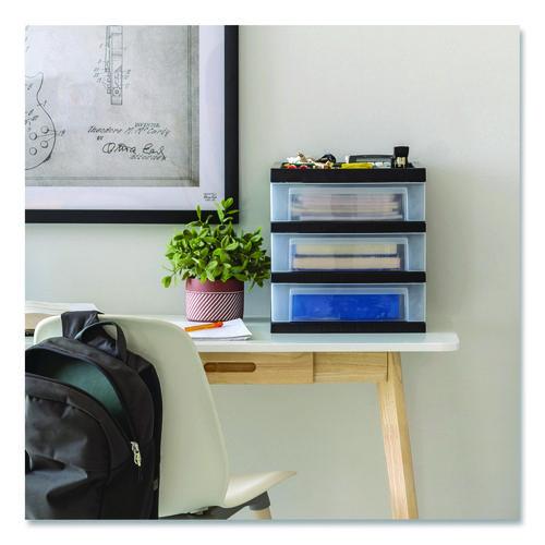 Image of IRIS 116351 3-Drawer Desktop Storage with Top Organizer Tray, Plastic, 12.17 x 14.33 x 12.93, Black/Translucent