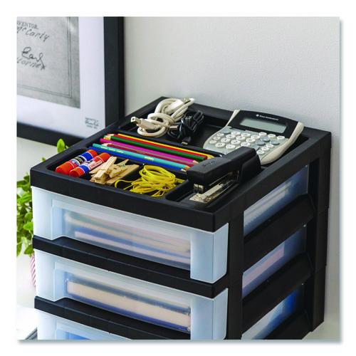 Image of IRIS 116351 3-Drawer Desktop Storage with Top Organizer Tray, Plastic, 12.17 x 14.33 x 12.93, Black/Translucent