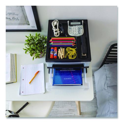 Image of IRIS 116351 3-Drawer Desktop Storage with Top Organizer Tray, Plastic, 12.17 x 14.33 x 12.93, Black/Translucent