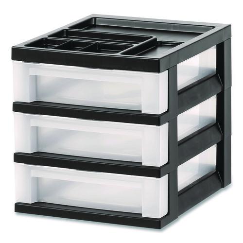 Image of IRIS 116351 3-Drawer Desktop Storage with Top Organizer Tray, Plastic, 12.17 x 14.33 x 12.93, Black/Translucent