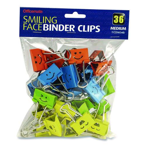 Image of Officemate 31095 Smiling Face Binder Clips, Medium, Assorted Colors, 36/Pack