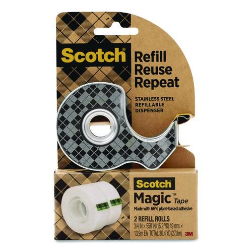 Image of Scotch® 123R Stainless Steel Refillable Tape Dispenser with 2 Rolls 0.75" x 550" Tape