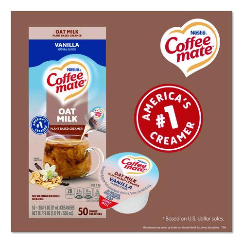 Image of Coffee mate® 12536842 Plant-Based Oat Milk Liquid Creamers, Natural Vanilla, 0.38 oz Mini Cups, 50/Box, 4 Boxes/Carton