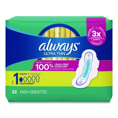 Image of AlwaysÂ® Ultra Thin Pads with Wings, Size 1, Regular Absorbency, 22 Pads/Pack, 12 Packs/Carton