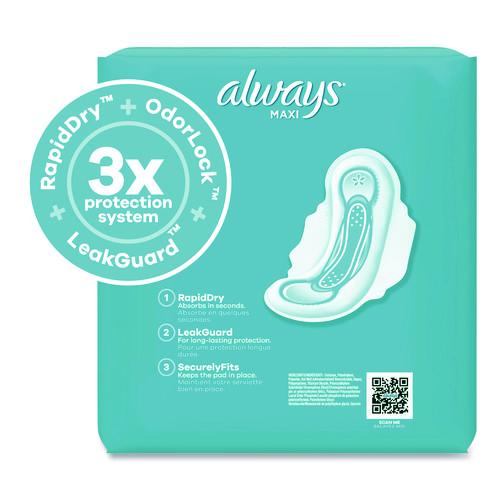 Image of Always® 03368 Maxi Long Super Daytime Pad with Wings, Size 2, Super Absorbency, 18/Pack, 8 Packs/Carton
