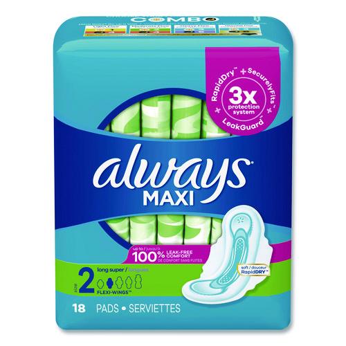 Image of Always® 03368 Maxi Long Super Daytime Pad with Wings, Size 2, Super Absorbency, 18/Pack, 8 Packs/Carton