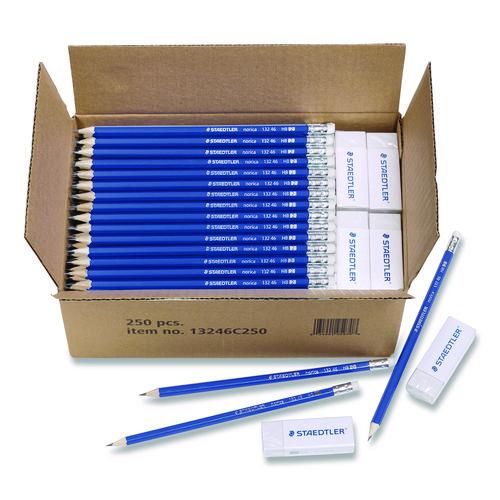 Image of Staedtler® 13246C250 Pre-Sharpened Wooden Pencils with (20) Block Erasers, HB #2 Black Lead, Blue Barrel, 250/Pack