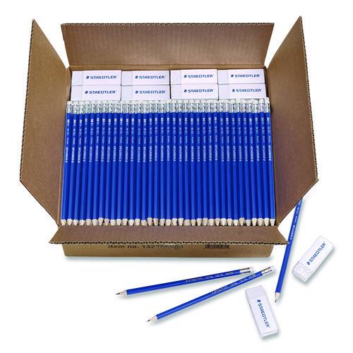 Image of Staedtler® 13246C500 Pre-Sharpened Wooden Pencils with (40) Block Erasers, HB #2 Black Lead, Blue Barrel, 500/Pack