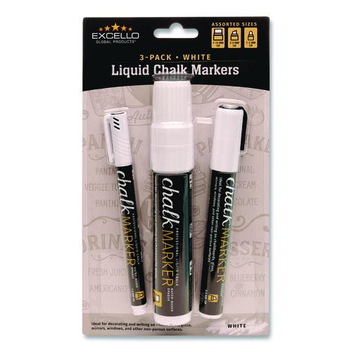 Image of Excello Global Products® EGP-HD-0511-S Liquid Chalk Markers, Assorted Tip Sizes and Types, White, 3/Pack