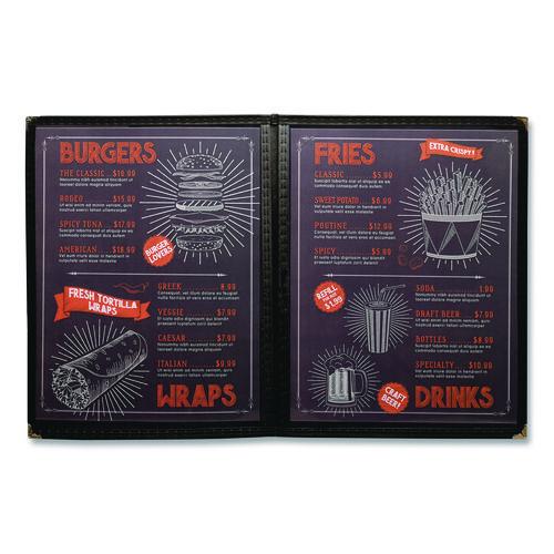 Image of Excello Global Products® SPLS-MENU-4 Menu Holder For 8.5 x 11 Menus, Portrait Orientation, 4-View, 9.6 x 12 Holder, Clear/Black/Silver, 10/Pack