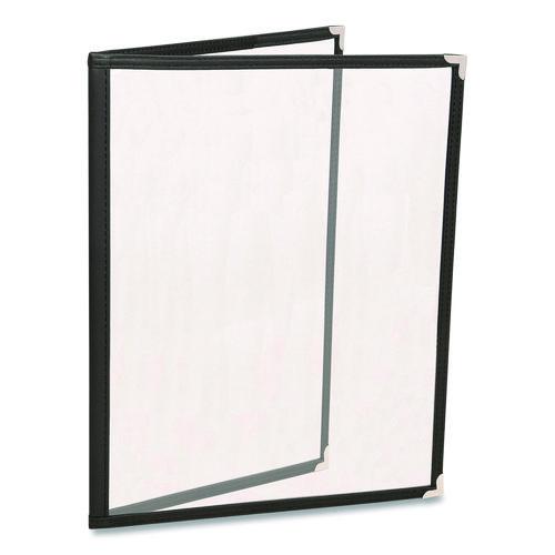 Image of Excello Global Products® SPLS-MENU-4 Menu Holder For 8.5 x 11 Menus, Portrait Orientation, 4-View, 9.6 x 12 Holder, Clear/Black/Silver, 10/Pack