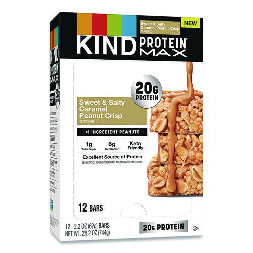 Image of KIND PHW43475 Protein MAX Bar, Sweet and Salty Caramel Peanut Crisp, 2.2 oz Bar, 12/Box