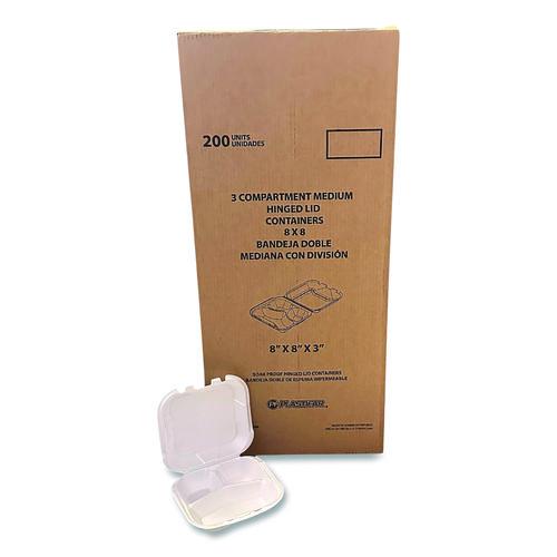 Image of Plastifar Foam Hinged Lid Containers, 3-Compartment, 8.56 x 8 x 2.76, White, Foam, 200/Carton