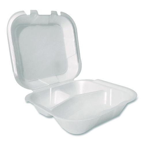 Image of Plastifar Foam Hinged Lid Containers, 3-Compartment, 8.56 x 8 x 2.76, White, Foam, 200/Carton