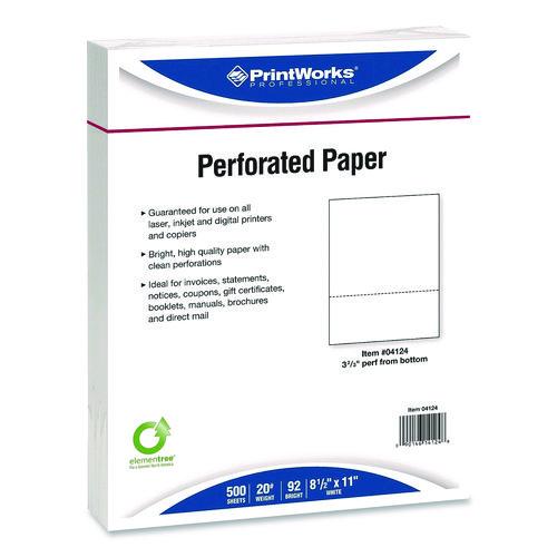 Image of PrintWorksÂ® Professional Perforated Paper, 92 Bright, Perforated 3.66" from Bottom, 8.5 x 11, White, 500 Sheets/Ream, 5 Reams/Carton