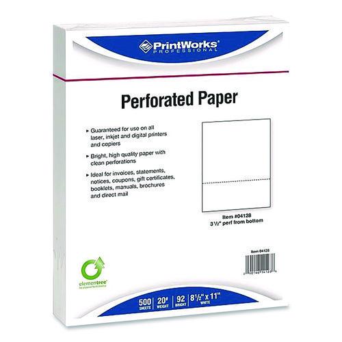 Image of PrintWorksÂ® Professional Perforated Paper, 92 Bright, Perforated 3.5" from Bottom, 8.5 x 11, White, 500 Sheets/Ream, 5 Reams/Carton