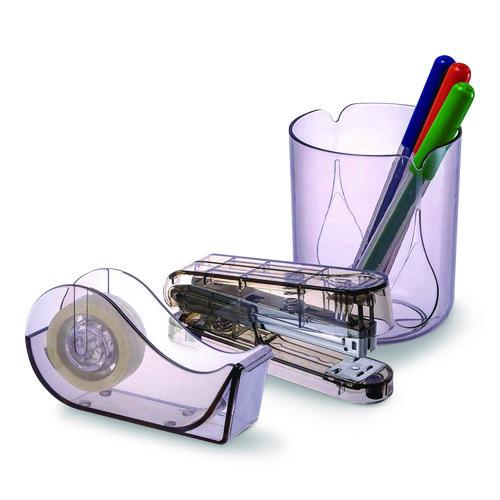 Image of Officemate 97712 Recycled Plastic Three-Piece Desk Set: (1) Pencil Cup, (1) Stapler, (1) Tape Dispenser, (1) Roll of Tape, Translucent Ash