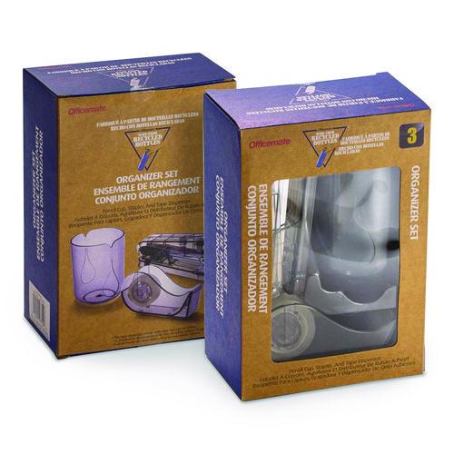 Image of Officemate 97712 Recycled Plastic Three-Piece Desk Set: (1) Pencil Cup, (1) Stapler, (1) Tape Dispenser, (1) Roll of Tape, Translucent Ash