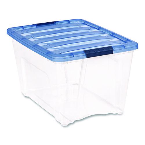 Image of IRIS 100242 Stack and Pull Latching Flat Lid Storage Box, 13.5 gal, 22" x 16.5" x 13.03", Clear/Translucent Blue