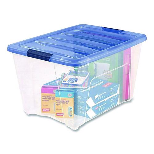 Image of IRIS 100242 Stack and Pull Latching Flat Lid Storage Box, 13.5 gal, 22" x 16.5" x 13.03", Clear/Translucent Blue