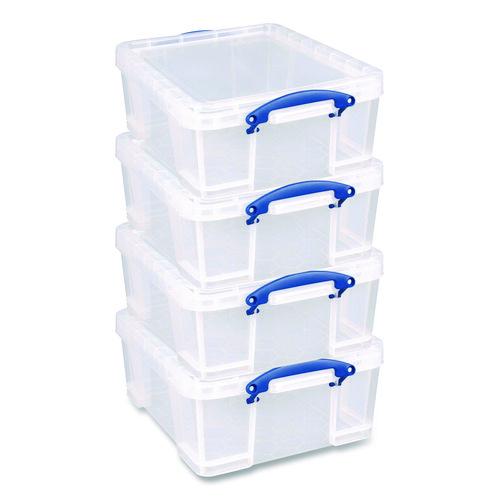 Image of Really Useful Box® 17C-PK4CB Snap-Lid Storage Bin, 4.49 Gal, 11" X 18" X 4", Clear/blue, 4/pack