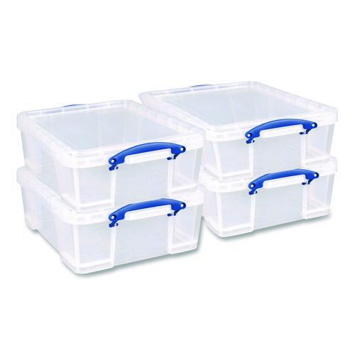 Image of Really Useful Box® 17C-PK4CB Snap-Lid Storage Bin, 4.49 Gal, 11" X 18" X 4", Clear/blue, 4/pack