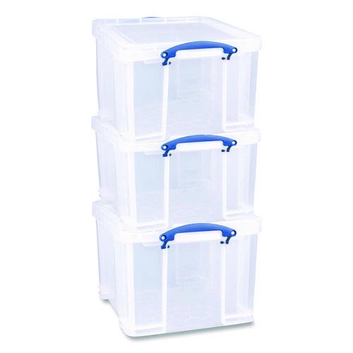 Image of Really Useful Box® 32C-PK3CB Snap-Lid Storage Bin, 8.45 Gal, 14" X 18" X 12.25", Clear/blue, 3/pack
