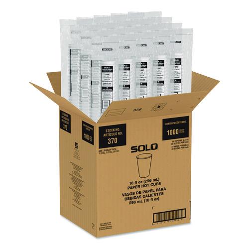 Image of SOLOÂ® Recycled Content PCF Paper Hot Cups, ProPlanet Seal, 10 oz, White/Blue, 1,000/Carton