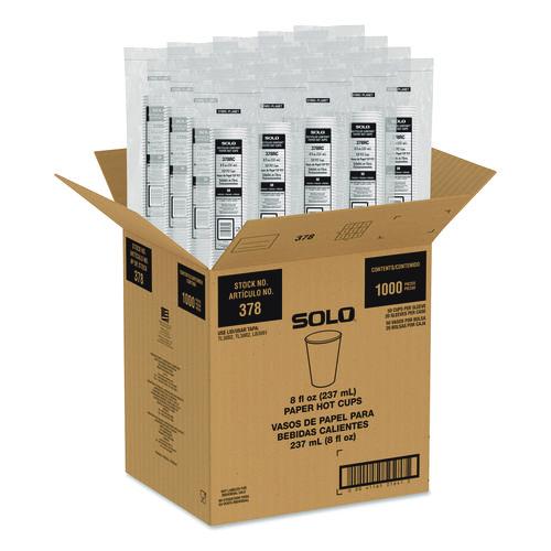 Image of SOLOÂ® Recycled Content PCF Paper Hot Cups, ProPlanet Seal, 8 oz, White/Blue, 1,000/Carton