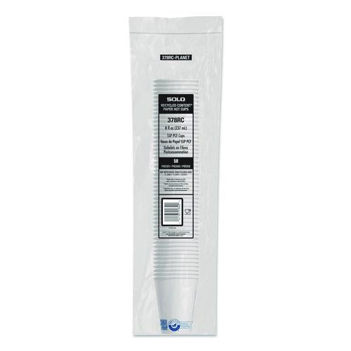 Image of SOLOÂ® Recycled Content PCF Paper Hot Cups, ProPlanet Seal, 8 oz, White/Blue, 1,000/Carton