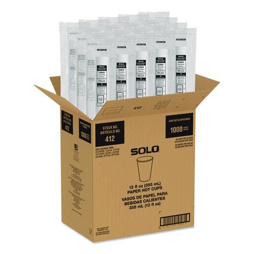 Image of SOLO® 412RCN-PLANET Recycled Content PCF Paper Hot Cups, ProPlanet Seal, 12 oz, White/Blue, 1,000/Carton