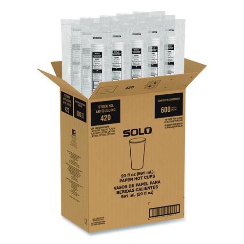 Image of SOLO® 420RC-PLANET Recycled Content PCF Paper Hot Cups, ProPlanet Seal, 20 oz, White/Blue, 600/Carton