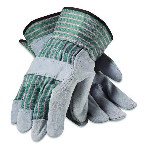Image of PIP 83-6563/L Bronze Series Leather/Fabric Work Gloves, Gunn Cut, Wing Thumb, Large (Size 9), Gray/Green, 12 Pairs