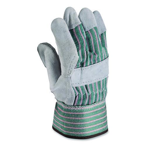 Image of PIP 83-6563/L Bronze Series Leather/Fabric Work Gloves, Gunn Cut, Wing Thumb, Large (Size 9), Gray/Green, 12 Pairs