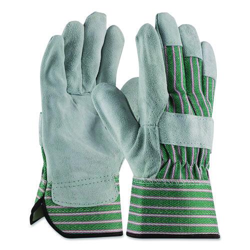 Image of PIP 83-6563/L Bronze Series Leather/Fabric Work Gloves, Gunn Cut, Wing Thumb, Large (Size 9), Gray/Green, 12 Pairs