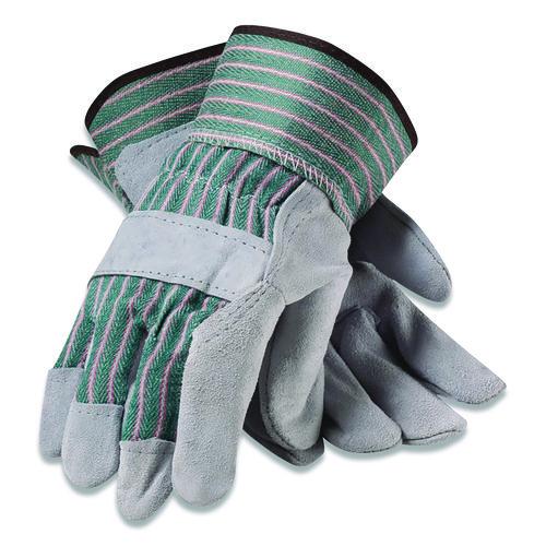Image of PIP 83-6563/XL Bronze Series Leather/Fabric Work Gloves, Gunn Cut, Wing Thumb, X-Large (Size 10), Gray/Green, 12 Pairs