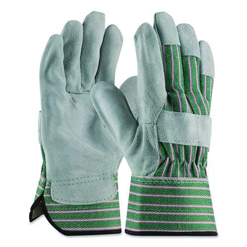 Image of PIP 83-6563/XL Bronze Series Leather/Fabric Work Gloves, Gunn Cut, Wing Thumb, X-Large (Size 10), Gray/Green, 12 Pairs