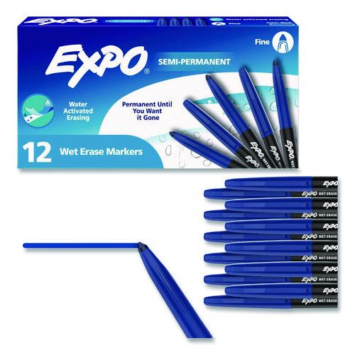 Image of EXPO® 2211319 Wet Erase Markers, Fine Needle Tip, Blue, 12/Pack