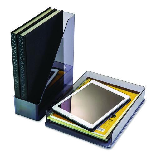 Image of Officemate 26115 Recycled Plastic Desktop Document Organization Set, (1) Letter-Sized Letter Tray, (1) Magazine File, Translucent Ash