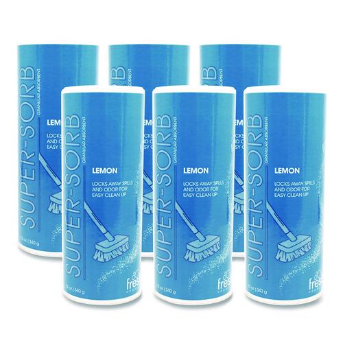Image of Fresh Products SSC-F-006I024M-22 Super-Sorb Liquid Spill Absorbent, Lemon Scent, 720 oz Absorbing Volume, 12 oz Shaker Can, 6/Box